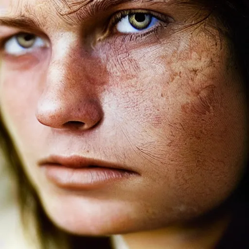 Image similar to a candid extreme closeup portrait of an expressive face of a adventurous young woman by annie leibovitz