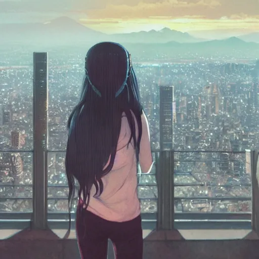 Image similar to melancholic girl wears a tokyo ghoul mask while looking at the city, incredible view of Santiago at dawn, illustration by Greg Rutkowski and Yoshitaka Amano