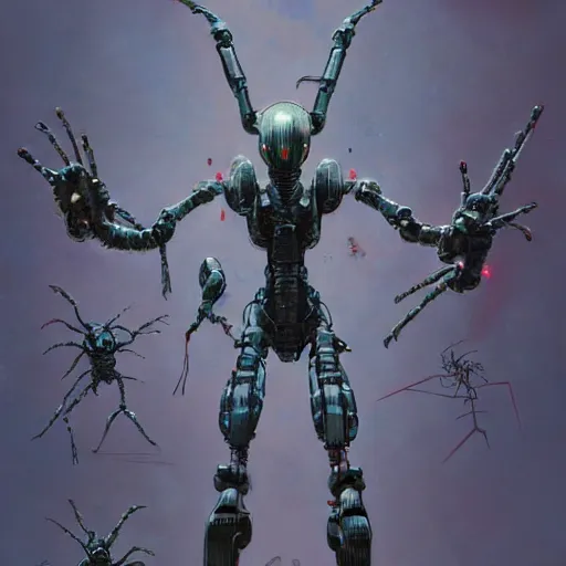 Image similar to character concept art of a multi - legged spider robot, depth of field background, artstation, award - winning realistic sci - fi concept art by jim burns and greg rutkowski, beksinski, a concept art masterpiece, pastel color palette, james gilleard, bruegel, alphonse mucha, and yoshitaka amano.