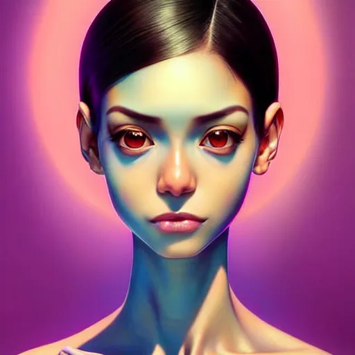 Prompt: a beautiful skinny latina wearing fashionable dress with head tilted back, focus close on eyes realistic skin texture, eighties holographic art by ilya kuvshinov lois van baarle ross tran range murata artgerm katsuhiro otomo norman rockwell, highly detailed intricately sharp focus, bedroom eyes trending on pinterest vogue italia unreal engine 5, 4 k uhd image