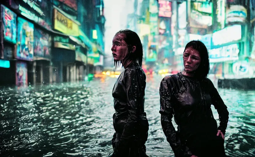 Image similar to cinestill 5 0 d candid photographic portrait by steve mccurry of two loving female androids sobbing wearing rugged black mesh techwear in treacherous waters, flooded city, long shot, retrofuturism cyberpunk moody emotional cinematic, pouring iridescent rain bright spotlight helicopter, 8 k, hd, high resolution, 3 5 mm, f / 3 2, ultra realistic faces, ex machina