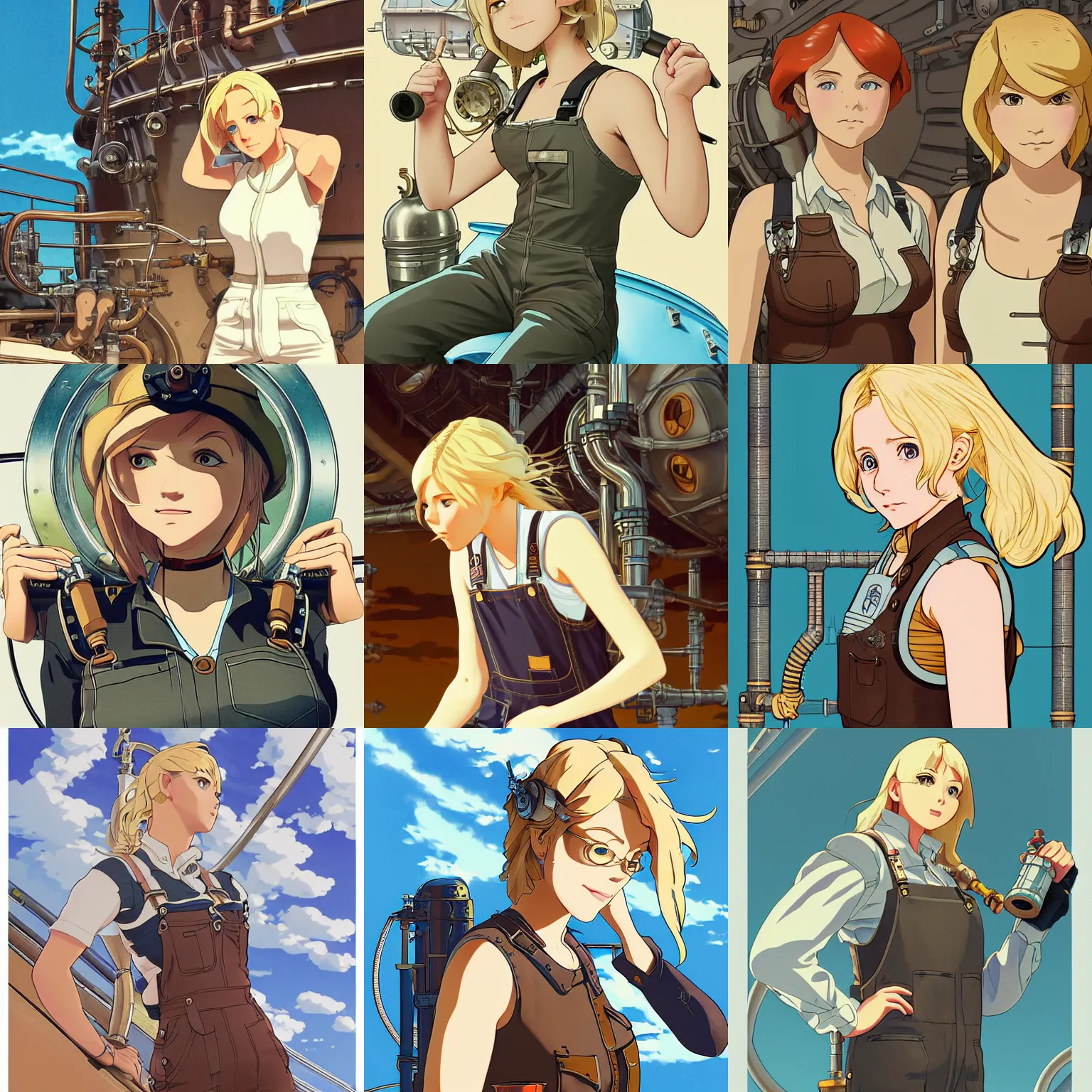 Prompt: Blonde female airship mechanic wearing a tank top and overalls fixing pipes below deck, steampunk, defined facial features, highly detailed, illustration, Makoto Shinkai and Studio Ghibli animated film still, by Ilya Kuvshinov and Alphonse Mucha