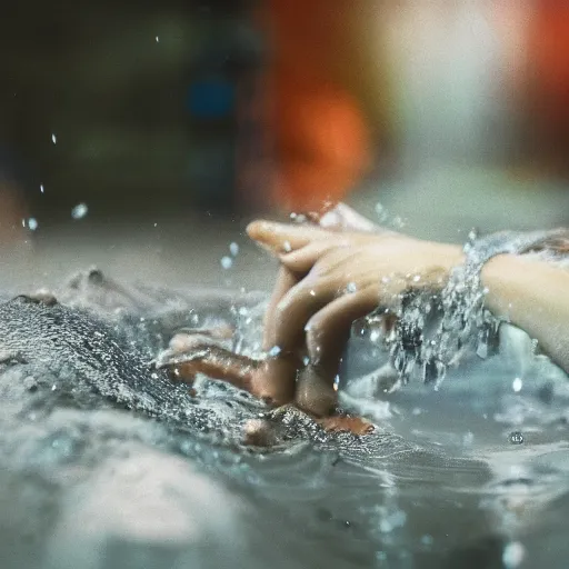 Image similar to a blurry closeup picture of hands around neck, dripping wet, no face, macro photography, long exposure photograph, surrealism, anamorphic bokeh, cozy, soft light, cyan and orange, caustic, atmospheric fog, octane render, cinematic