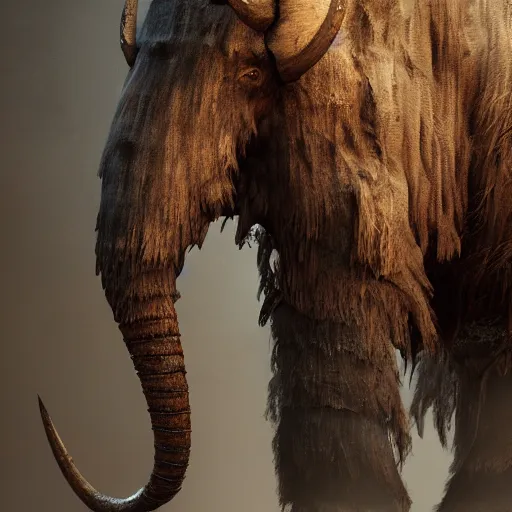 Prompt: hyperrealistic mixed media image of mammoth tusk and mammoth hide armor from skyrim, stunning 3 d render inspired art by greg rutkowski and xiang duan and thomas eakes, perfect facial symmetry, flesh texture, realistic, highly detailed attributes and atmosphere, dim volumetric cinematic lighting, 8 k octane detailed render, post - processing, masterpiece,