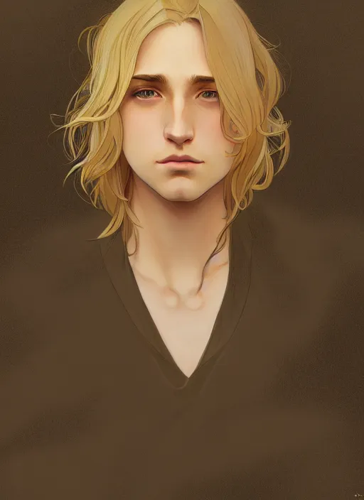 Image similar to pretty young man with shoulder length shiny shimmering golden blond hair, head down, shy, sad, scared, path traced, highly detailed, high quality, digital painting, by studio ghibli and alphonse mucha, leesha hannigan, disney