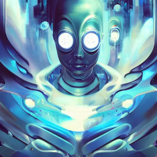 Image similar to scifi futurism automaton minimalism chrome by peter mohrbacher art Hajime Sorayama airbrush hyperrealism model abstract shatter fragments cubism futurism pastel blue soft flat minimal minimalism portrait face jackson pollock ukiyo-e lithograph mark ruthko swirl escape noise shimmer glow paint