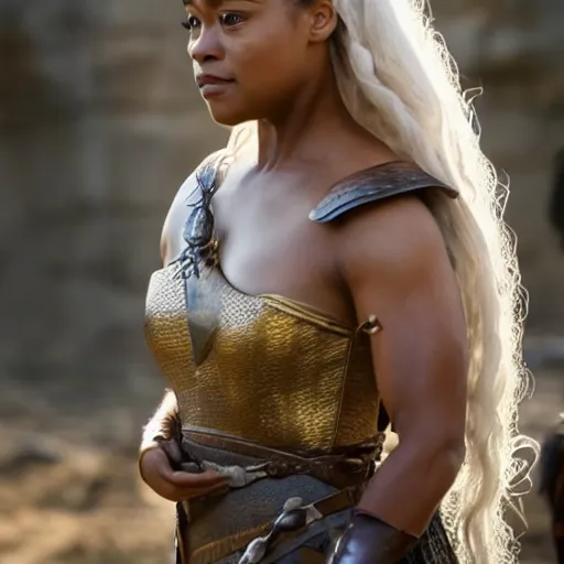 Image similar to tatyana ali as daenerys targaryen golden hour cinematic