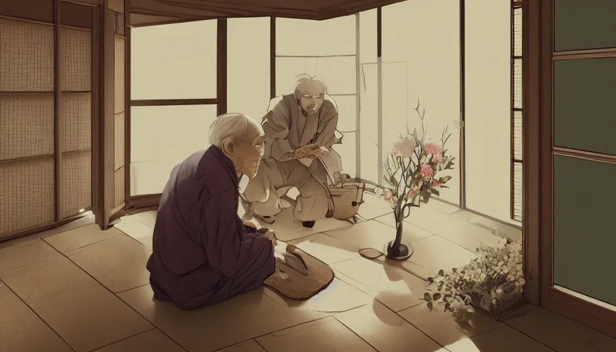 Image similar to old japanese man giving flowers to his wife, japanese house, romantic, drawing, light through windows, hyperdetailed, artstation, cgsociety, 8 k