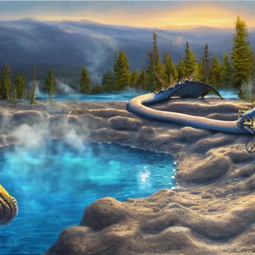 Image similar to highly detailed oil painting of a dragon resting in a hotspring at yellowstone national park, featured on artstation