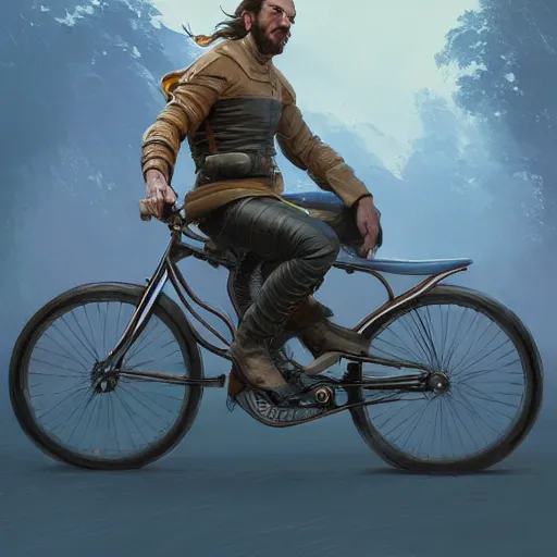 Image similar to man with receding hairline riding bike, intricate, elegant, highly detailed, digital painting, artstation, concept art, matte, illustration, hearthstone, art by artgerm and greg rutkowski and alphonse mucha, simon stalenhag, hyperreal