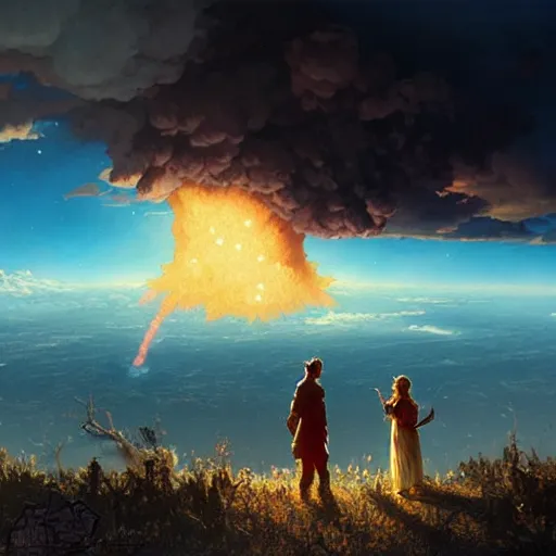 Image similar to a young couple watching a nuclear explosion, romantic, mushroom cloud, uplifting, happy, apocalytic detailed digital matte painting by artgerm, greg rutkowski and alphonse mucha