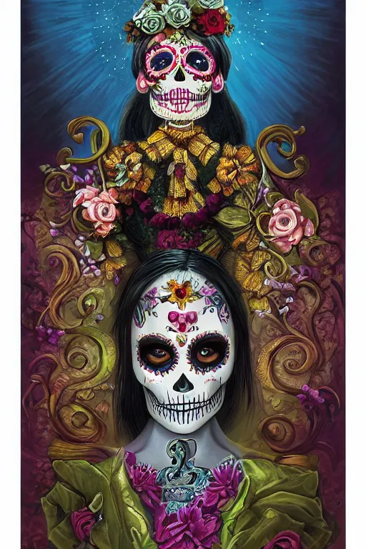 Prompt: Illustration of a sugar skull day of the dead girl, art by Justin Gerard