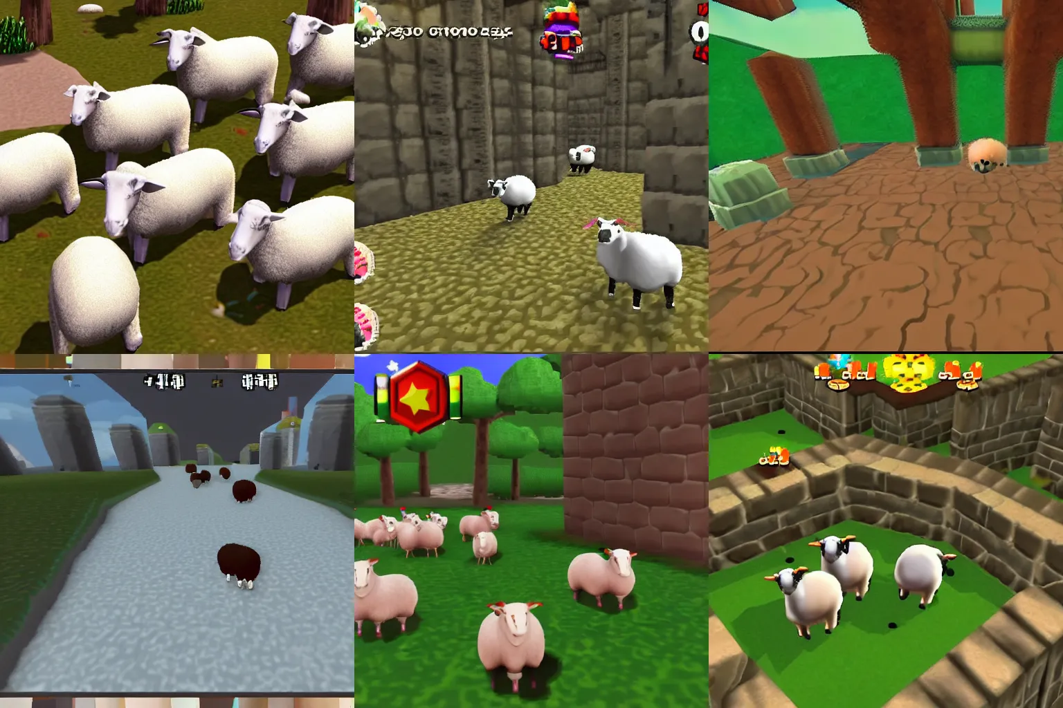 Prompt: a game about a sheep collecting stars on Nintendo 64, 3d graphics, gameplay footage