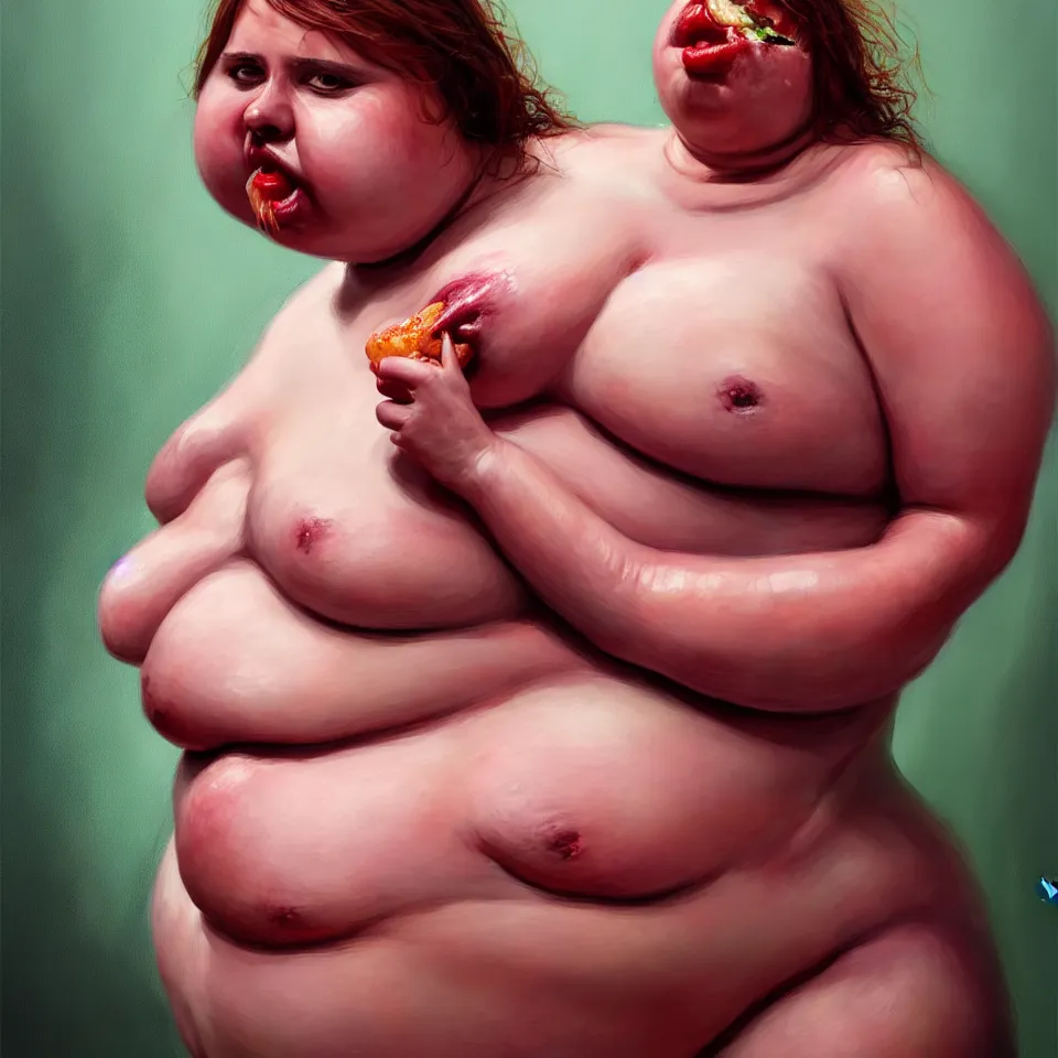 Image similar to bright realistic obese anorexic eating herself to death, fat and skinny, diffuse lighting, fantasy, intricate, elegant, highly detailed, lifelike, photorealistic, digital painting, artstation, illustration, concept art, smooth, sharp focus, art by francis bacon