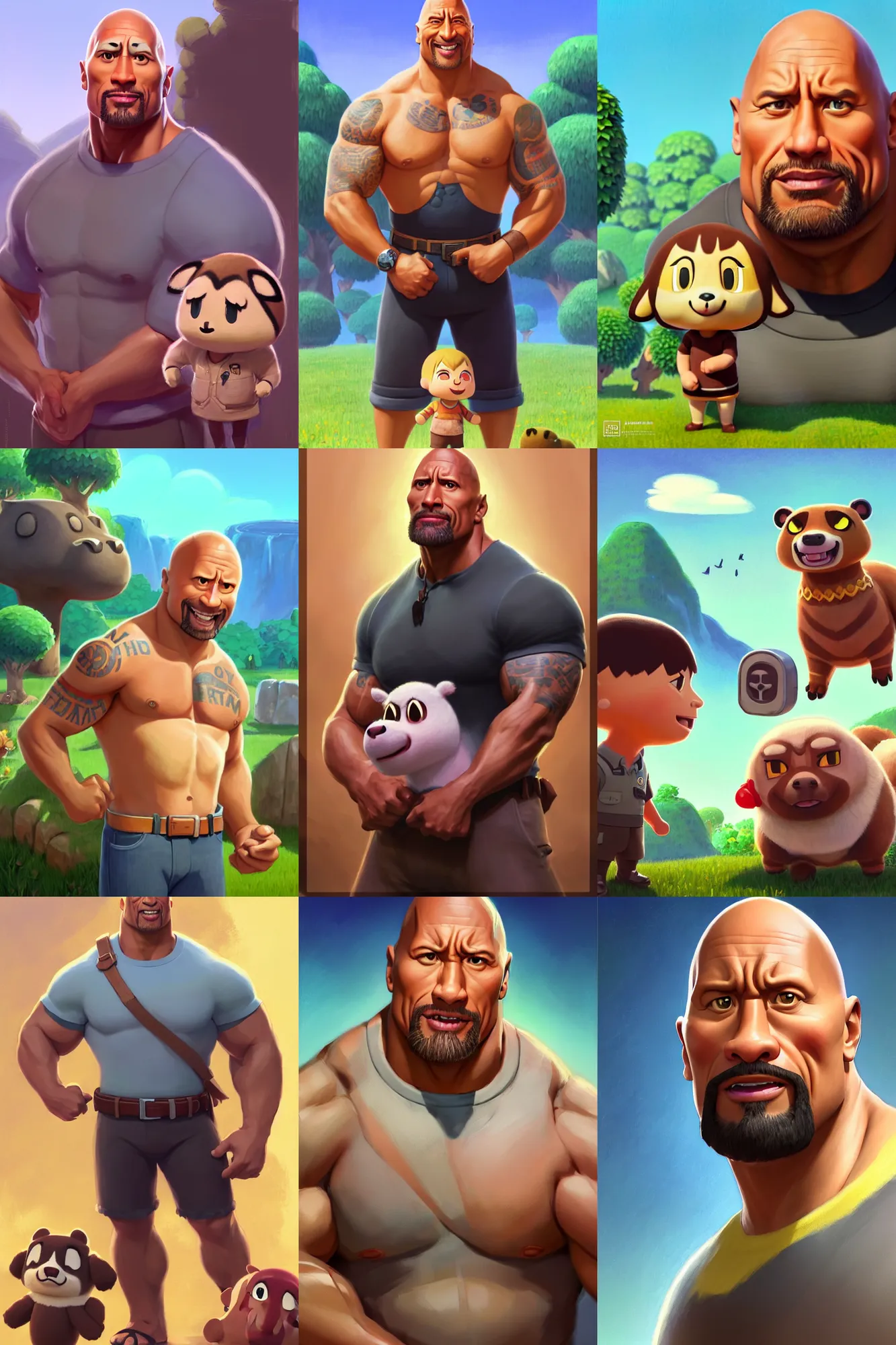 Prompt: dwayne johnson as a happy animal crossings villager, animation pixar style, shaded lighting poster by magali villeneuve, artgerm, jeremy lipkin and michael garmash, rob rey and kentaro miura style, trending on art station