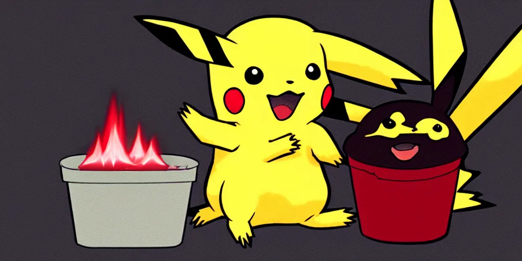 Image similar to pikachu devouring a dog, sharp teeth burtal eyes scary mouth dark room red candles trash bin