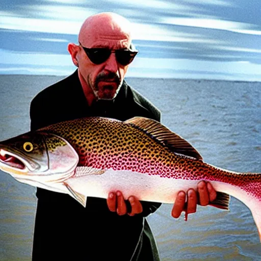 Prompt: mike ehrmantraut fighting another mike ehrmantraut holding a big trout fish big heads from breaking bad and better call saul