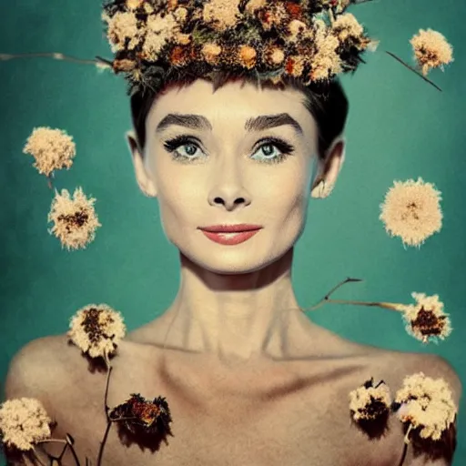Prompt: fine art photo of audrey hepburn, she has a crown of dried flowers, by oleg oprisco