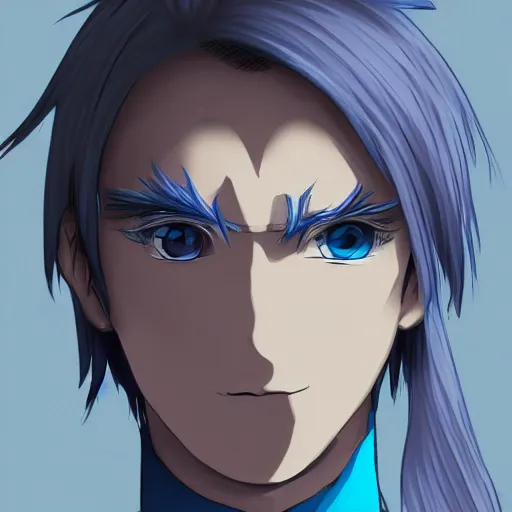 Image similar to concept art of a man with blue hair, anime style