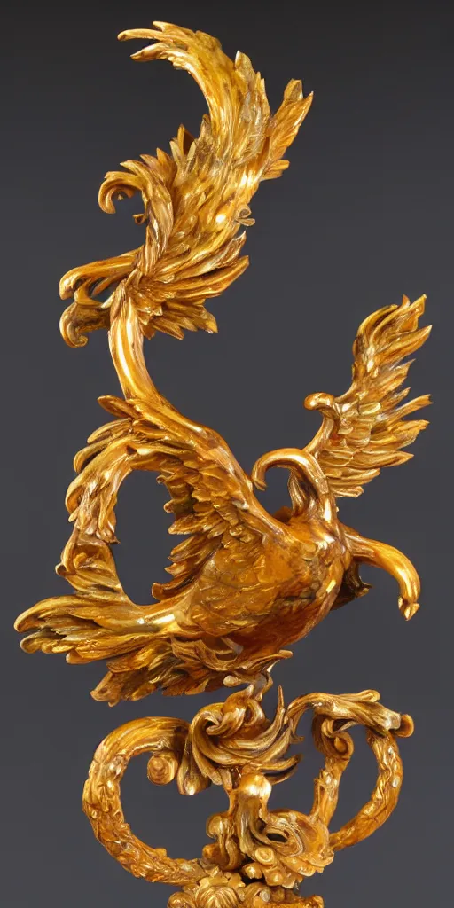 Prompt: baroque wood and gold phoenix sculpture with jade veins