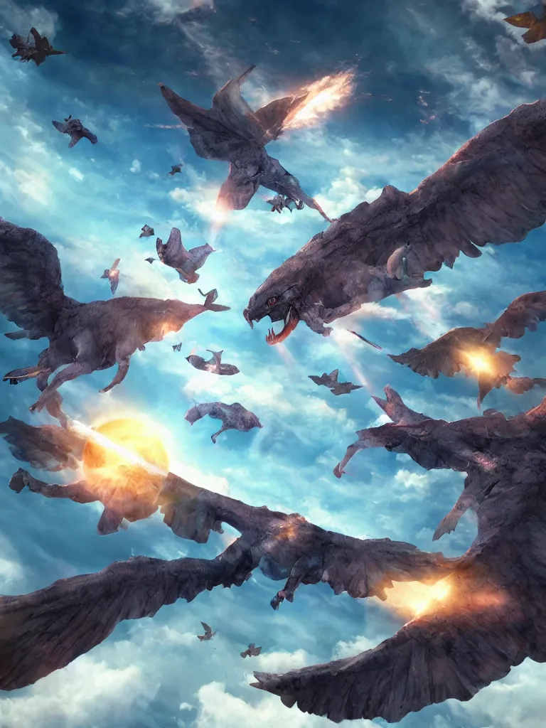 Prompt: chimeras flying in the new dawn for humanity, cgi anime, 3d art, digital art