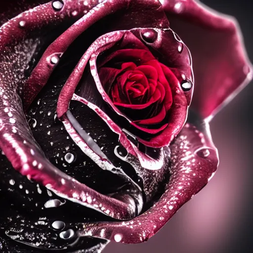 Image similar to a higly detailed close - up photograph of a black rose with blood dripping from it's petals, sigma 7 5 mm, high dof, studio lighting, dramatic light, masterpiece, artstation, 4 k, 8 k, zbrush