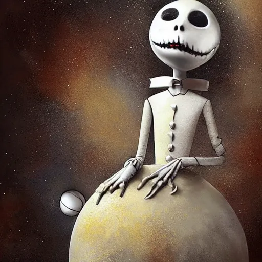 Prompt: michal karcz surrealism grunge Pastel painting of the end of an astronaut happy in the galaxy. , in the style of jack skellington, in the style of a clown, loony toons style, horror theme, detailed, elegant, intricate, 4k, Renaissance painting