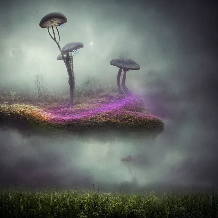 Image similar to a planet of various fungus, mushrooms and plants, inside the picture is infinity, Atmospheric phenomenon, artistic photography, muted colors, conceptual, long exposure outside the city, volumetric light