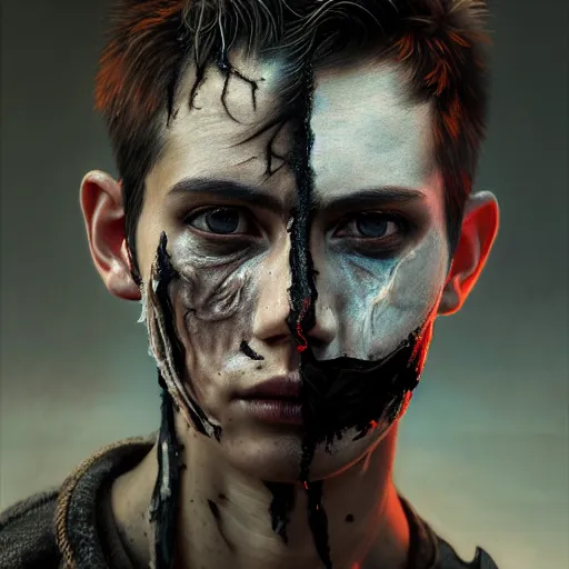 Image similar to portrait painting of young man with severe burn scars on his face and poorly cut short hair with a severe expression wearing tattered light armor, ultra realistic, concept art, intricate details, eerie, highly detailed, photorealistic, octane render, 8 k, unreal engine. art by artgerm and greg rutkowski and charlie bowater and magali villeneuve and alphonse mucha