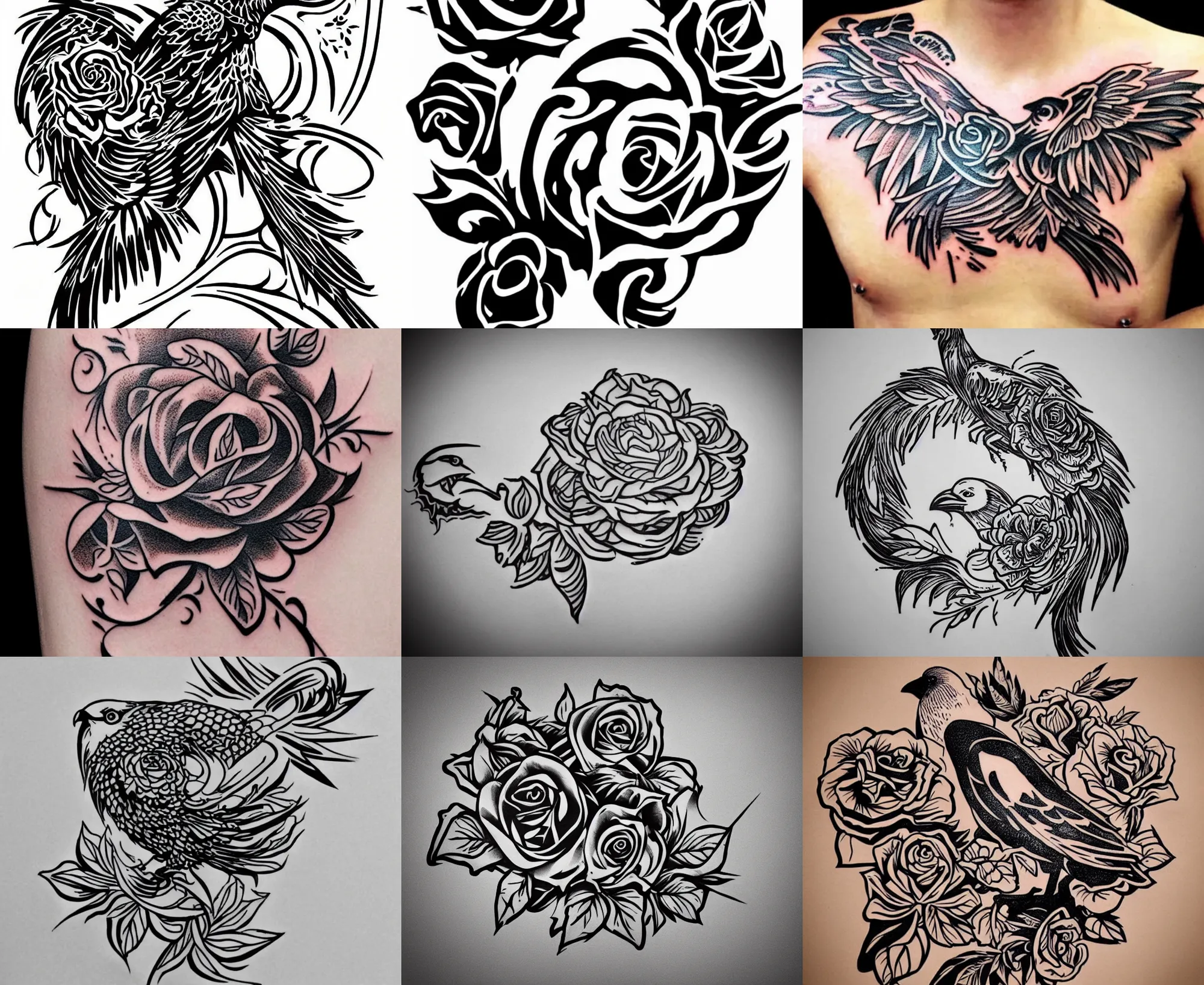 Prompt: tattoo stencil stylized crow rose raven, bold strong lines very highly aesthetic