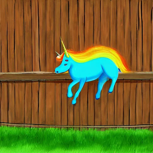 Image similar to an overweight unicorn hopping over a fence, digital painting