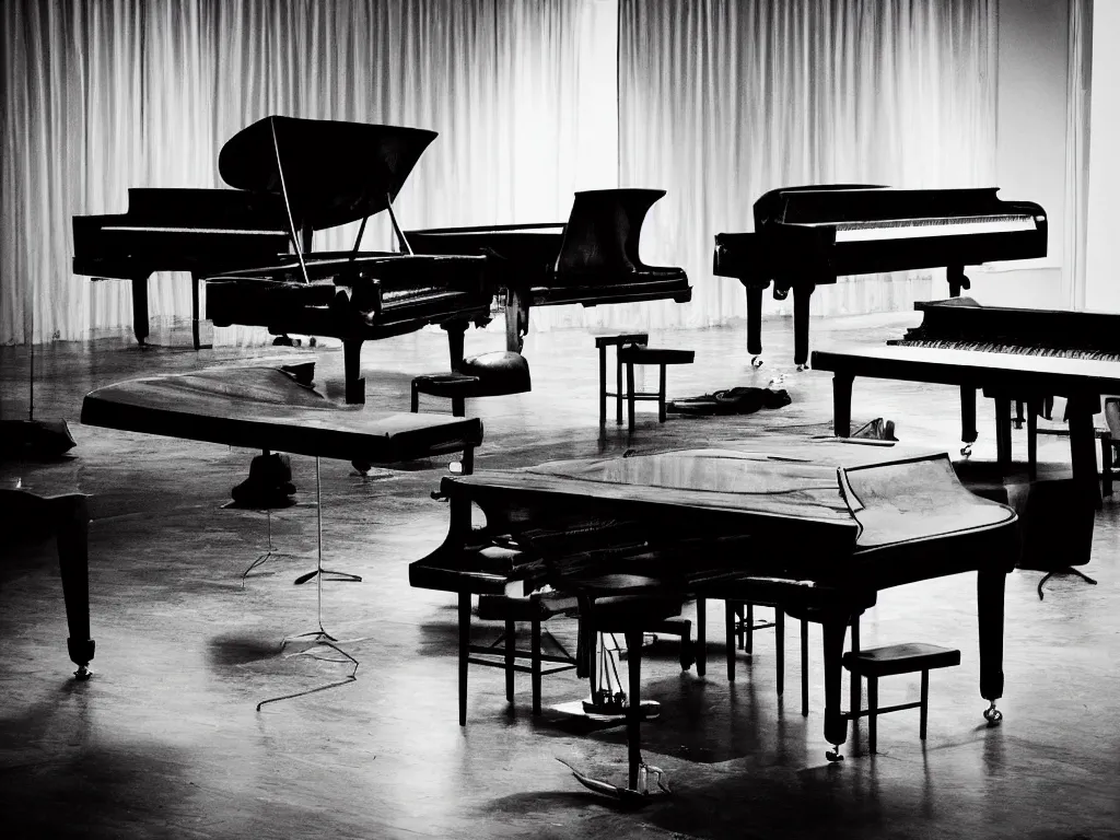 Prompt: “ a lone grand piano and empty chairs completely covered in spiderwebs in a dimly lit, empty rehearsal room, photorealism, light rays, cinematic lighting, dramatic, melancholy, atmospheric ”