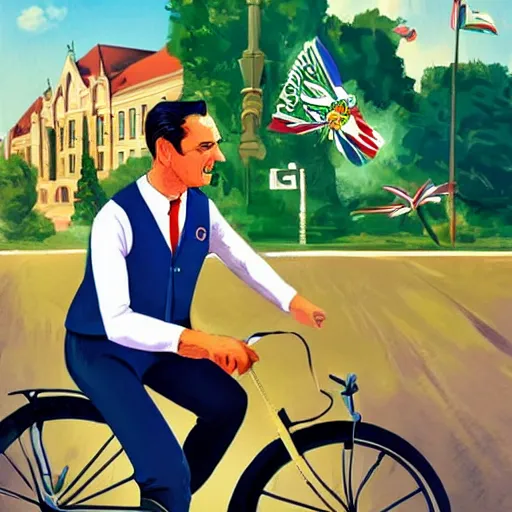 Prompt: portrait of mayor of budapest gergely karacsony riding a bicycle in summer shirt, hungarian propaganda poster, hungarian flag in the background, colored, artgerm, highly detailed