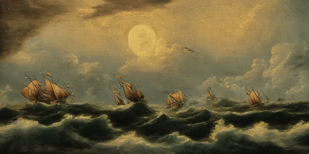Prompt: a seascape in the style of a 17th century painting. multiple ships, heavy weather, treathening. A dragon flies in front of the moon
