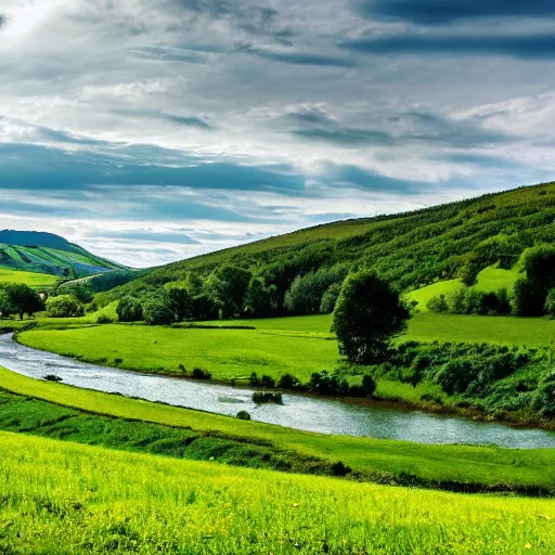 Prompt: A beautiful natural landscape with rolling hills, green fields, and a river running through it. There are trees dotting the landscape.