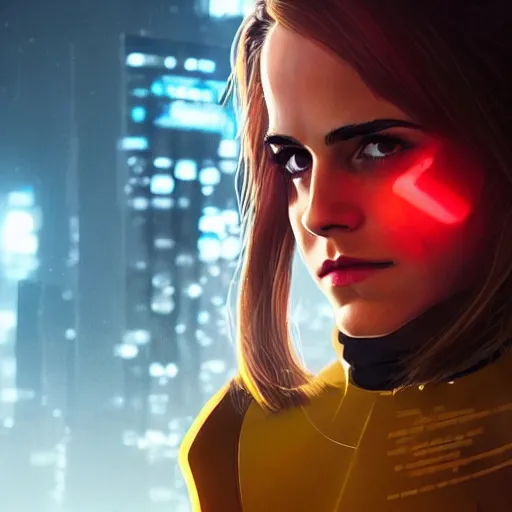 Image similar to a portrait of emma watson wearing skintight latex suit, cyberpunk city in the background as seen by greg rutkowski, light theme, enchanted, warm colors, high quality, waw, trending on artstation