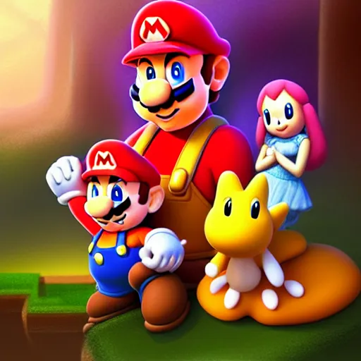 Image similar to Super Mario and Princess Peach and their cute newborn toady mushroom baby, family photo, digital painting, artstation, cgsociety, award-winning, masterpiece, stunning, beautiful, glorious