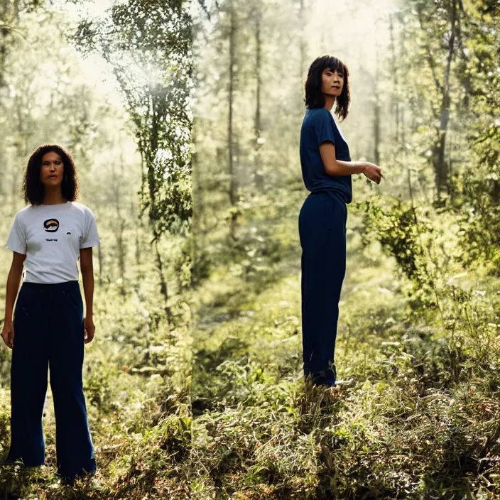 Prompt: a woman, in nature, backlit, wearing pants and a t-shirt, backlit, photo by Marat Safin, Canon EOS R3, f/1.4, ISO 200, 1/160s, 8K, RAW, unedited, symmetrical balance, in-frame