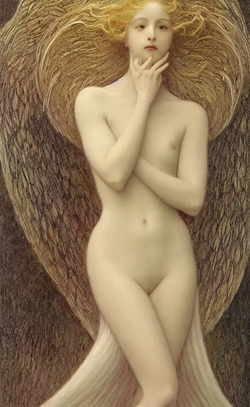 Image similar to Say who is this with silver hair so pale and Wan! and thin? beautiful lone single feminine!! angel, Aphrodite, in the style of Jean Delville, Lucien Lévy-Dhurmer, Fernand Keller, Fernand Khnopff, oil on canvas, 1896, 4K resolution, aesthetic, mystery