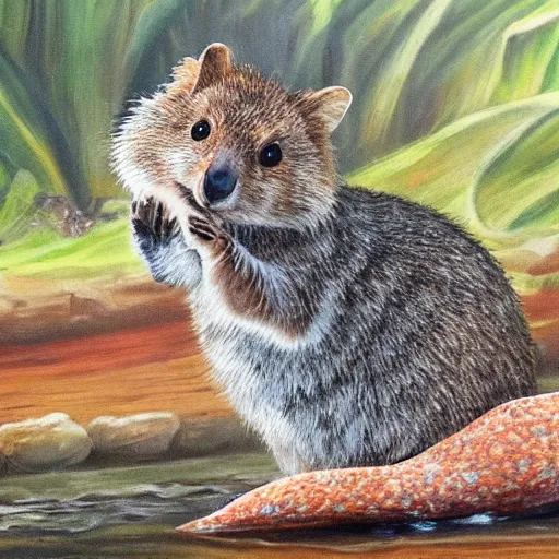 Image similar to quokka holding a mudskipper next to a river, painting