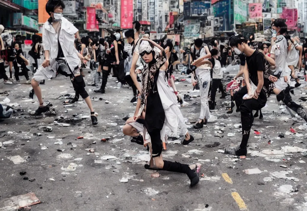 Prompt: fashion editorial in hong kong riot.
