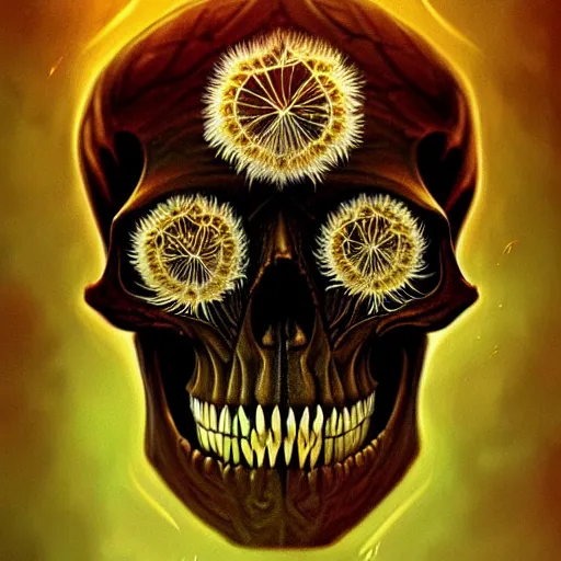 Image similar to honey dandelion skull, intricate, elegant, highly detailed, digital painting, artstation, concept art, smooth, sharp focus, illustration, by anato finnstark, boissb - blanca. j, cindy avelino, clint cearley, anna podedworna