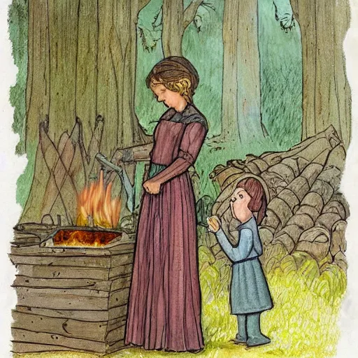 Image similar to the blacksmits’ daughter, working in the forge, fantasy art in the style of Elsa Beskow,