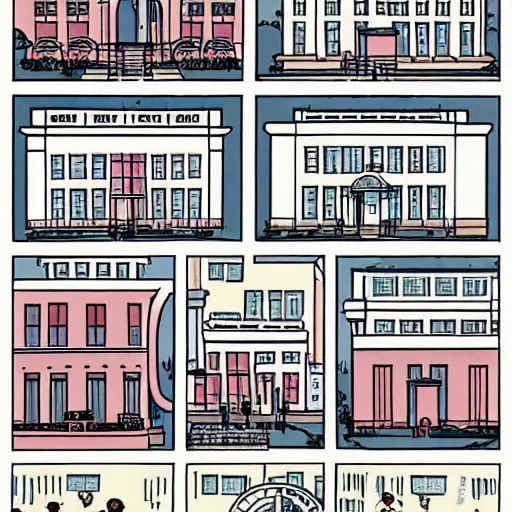 Prompt: the whitehouse in the style of a Chris Ware comic page