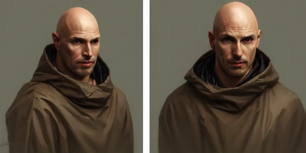 Image similar to european ( ( ( ( bald man ) ) ) ) dressed in raincoat, male, clear face, masculine, upper body, highly detailed, digital painting, artstation, concept art, matte, sharp focus, illustration, art by artgerm and greg rutkowski and alphonse mucha