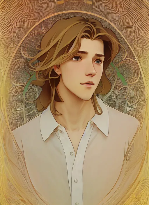 Image similar to pretty young man with shoulder length shiny shimmering golden blond hair, path traced, highly detailed, high quality, digital painting, by studio ghibli and alphonse mucha, leesha hannigan, makoto shinkai, disney