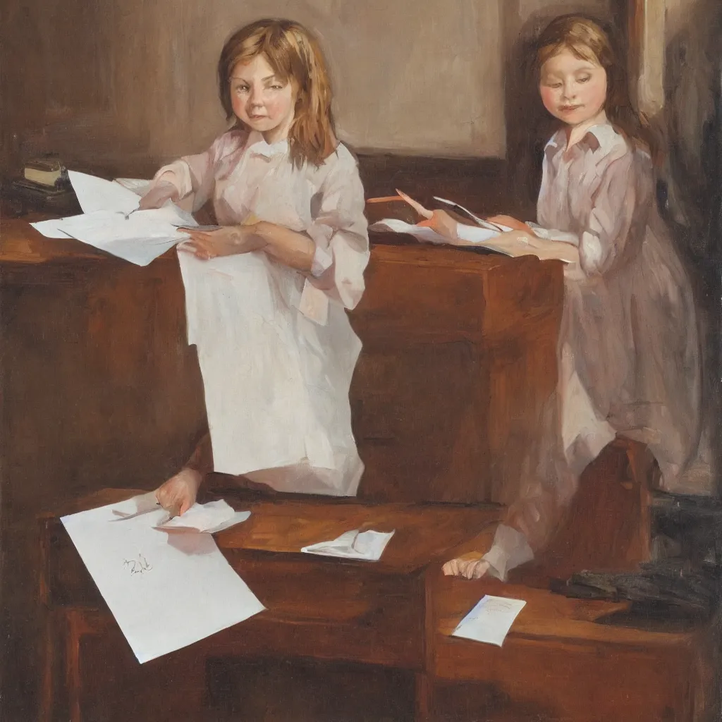 Image similar to a girl at a desk opening a letter, portrait, oil on canvas, warm, happy