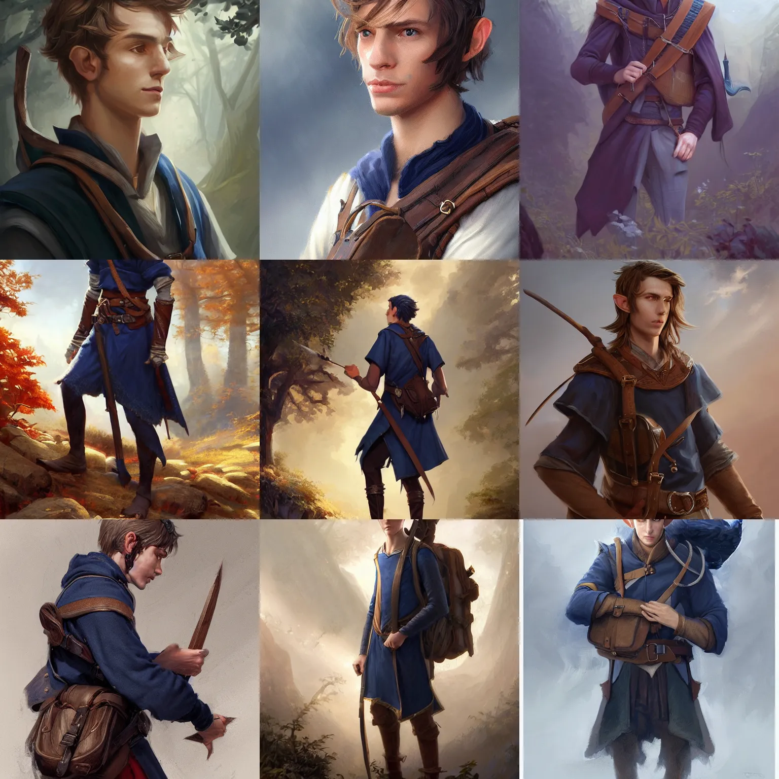 Prompt: portrait of a young curious handsome male wood elf scholarly adventurer wearing a navy blue student's tunic carrying a satchel of arcane supplies, by Raymond Swanland Greg Rutkowski Lise Deharm, intricate, masterpiece, sharp, digital art, ArtStation, CGStation, 8k, elf ears