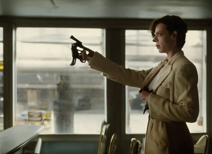 Prompt: cinematic portrait of panicked olivia coleman waving a revolver up in the air, in classic diner, scene from the tense thriller film 2 0 0 1 directed by spike jonze, hyperdetailed face, dramatic backlit window, volumetric hazy lighting, moody cinematography, 3 5 mm kodak color, anamorphic wide angle lens