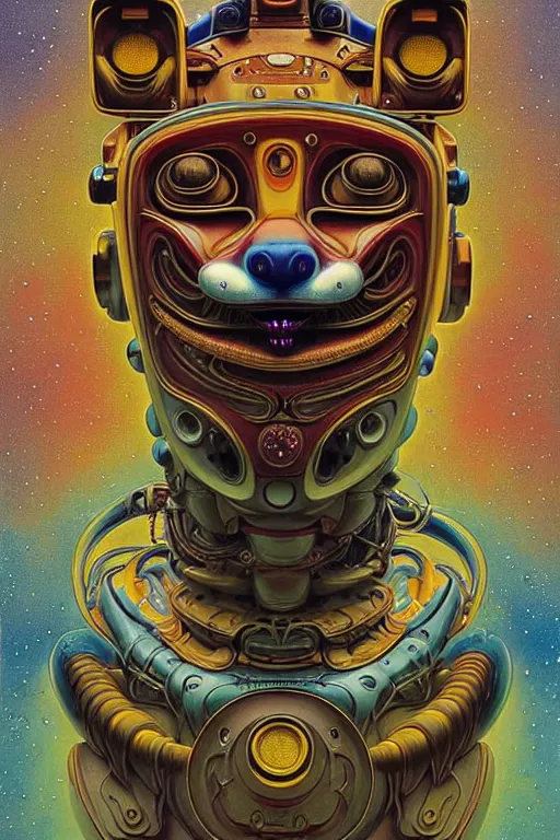 Prompt: joyous hybrid fox and robot face, reaching nirvana, goofy, silly, dmt, large metal mustache, muted colors, benevolent, nebula background, glowing eyes, detailed realistic surreal retro robot in full regal attire. face portrait. art nouveau, visionary, baroque, giant fractal details. vertical symmetry by zdzisław beksinski, highly detailed, realistic